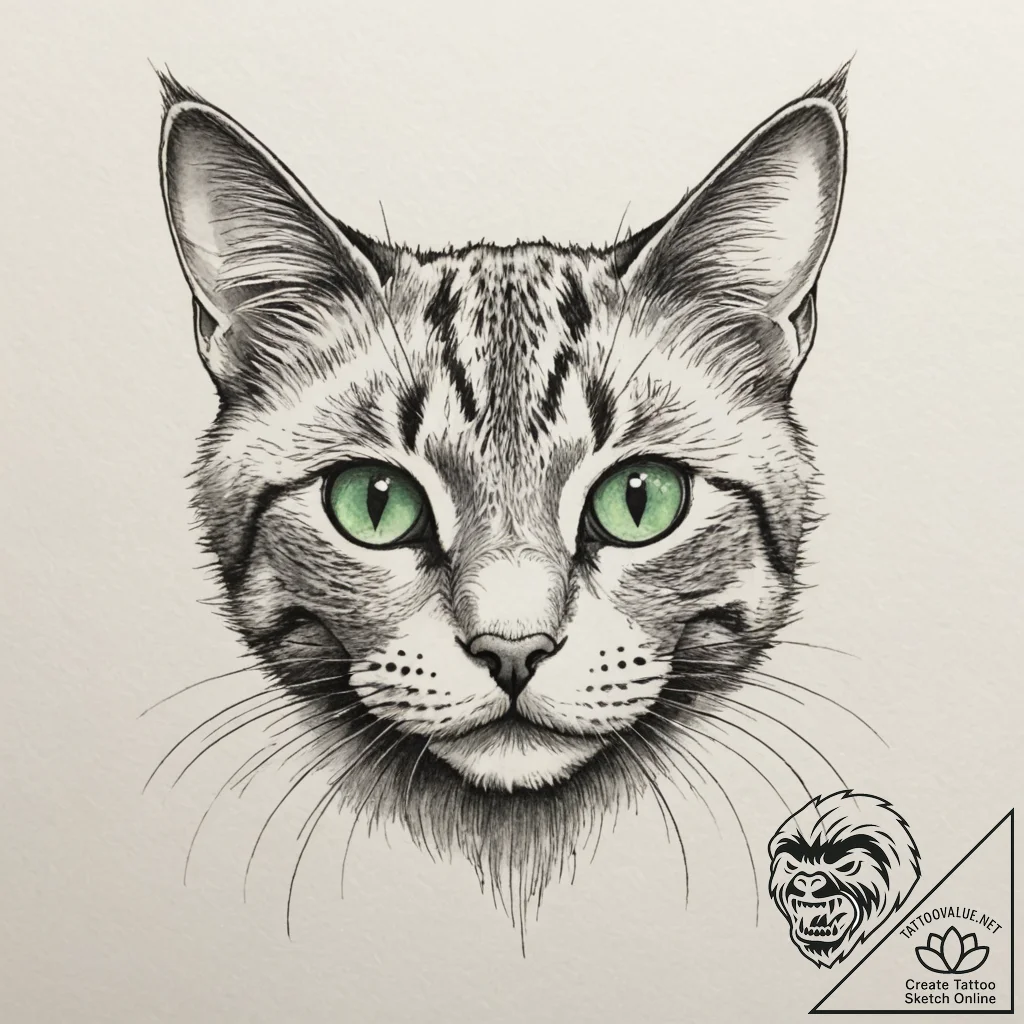 A close-up of a cat's vibrant green eye., ink... - tattoo sketch (№1754851414_0, 10.08.2025 18:43) — tattoovalue.net