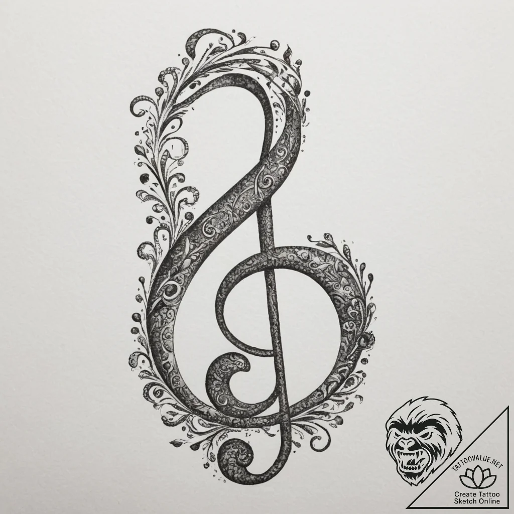 Treble clef, artistic tattoo sketch, soft whi... - tattoo sketch (№1754852215_0, 10.08.2025 18:56) — tattoovalue.net