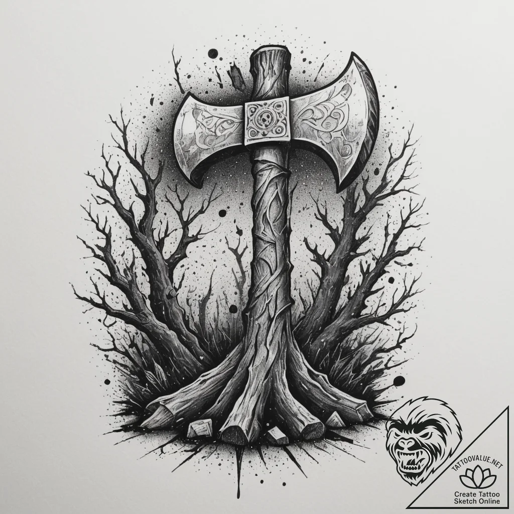 Tattoo sketch a warrior's axe embedded in a t... - tattoo sketch (№1754855024_0, 10.08.2025 19:43) — tattoovalue.net