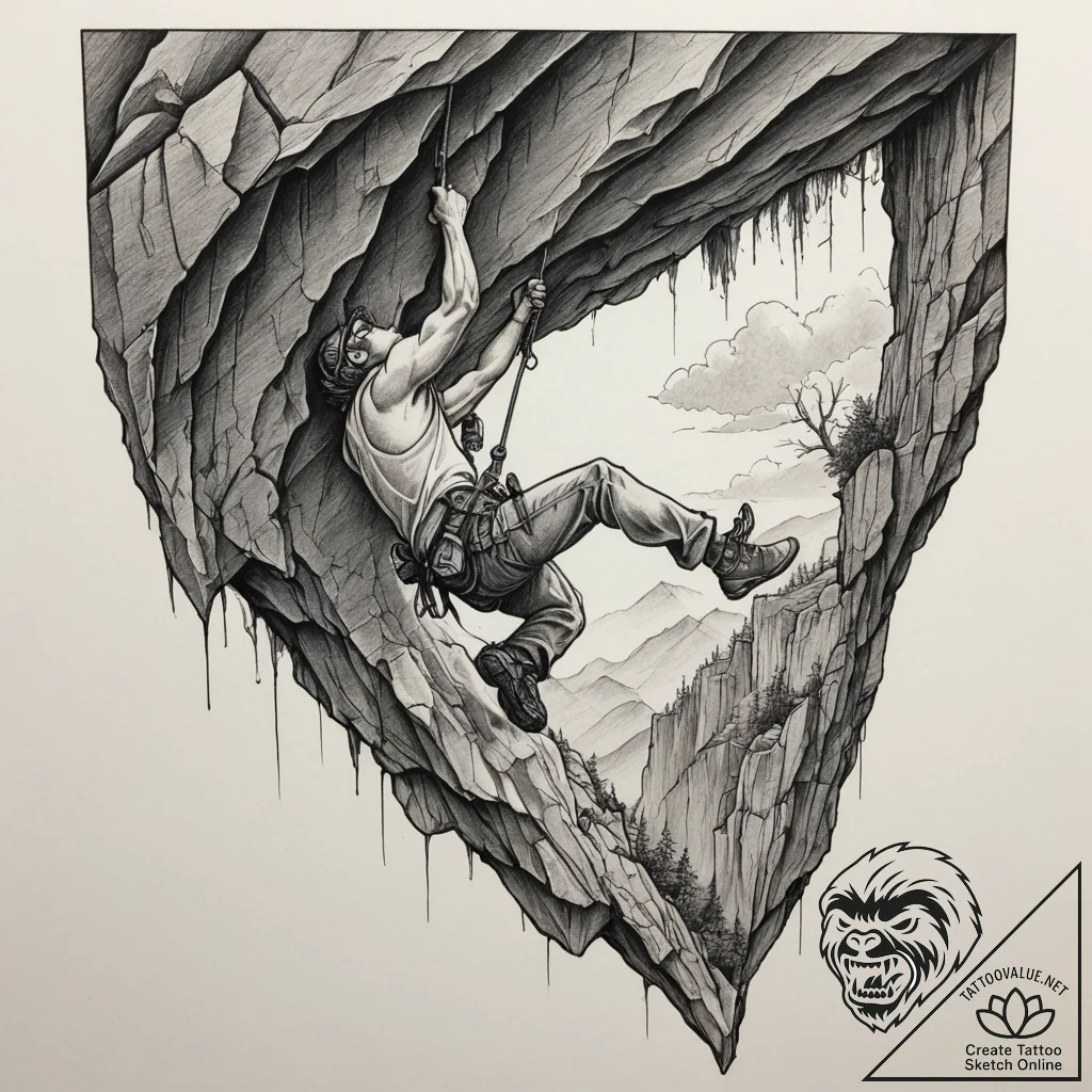 A rock climber hanging from a sheer cliff fac... - tattoo sketch (№1754856617_0, 10.08.2025 20:10) — tattoovalue.net