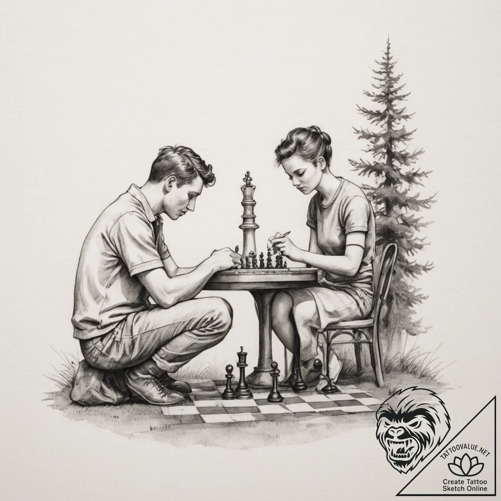 A person playing chess in a park, deeply conc... - tattoo sketch (№1754857612_0, 10.08.2025 20:26) — tattoovalue.net