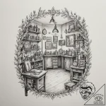 The interior of a small, cluttered antique sh… – tattoo sketch (№1754858210_0, 10.08.2025 20:36) — tattoovalue.net