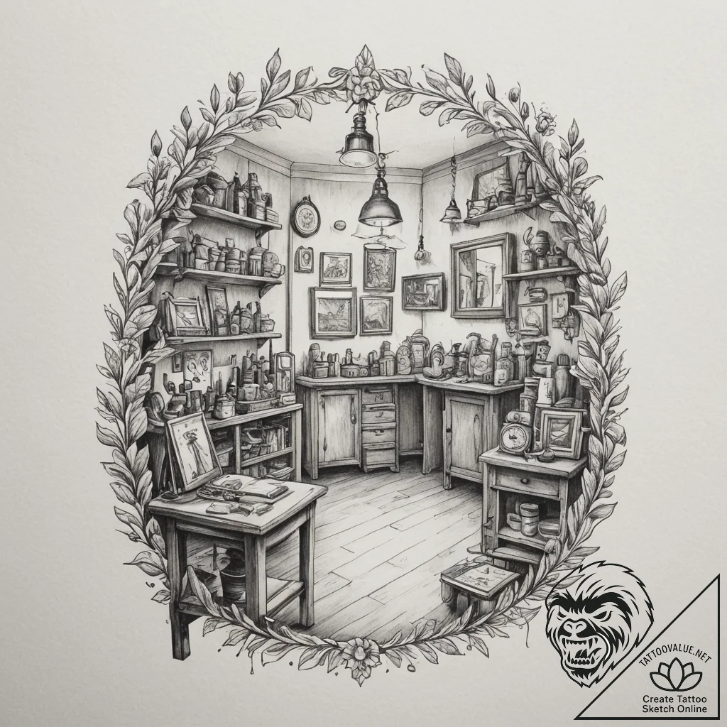 The interior of a small, cluttered antique sh... - tattoo sketch (№1754858210_0, 10.08.2025 20:36) — tattoovalue.net