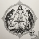 A coven of witches around a fire, tattoo line… – tattoo sketch (№1754860201_0, 10.08.2025 21:10) — tattoovalue.net
