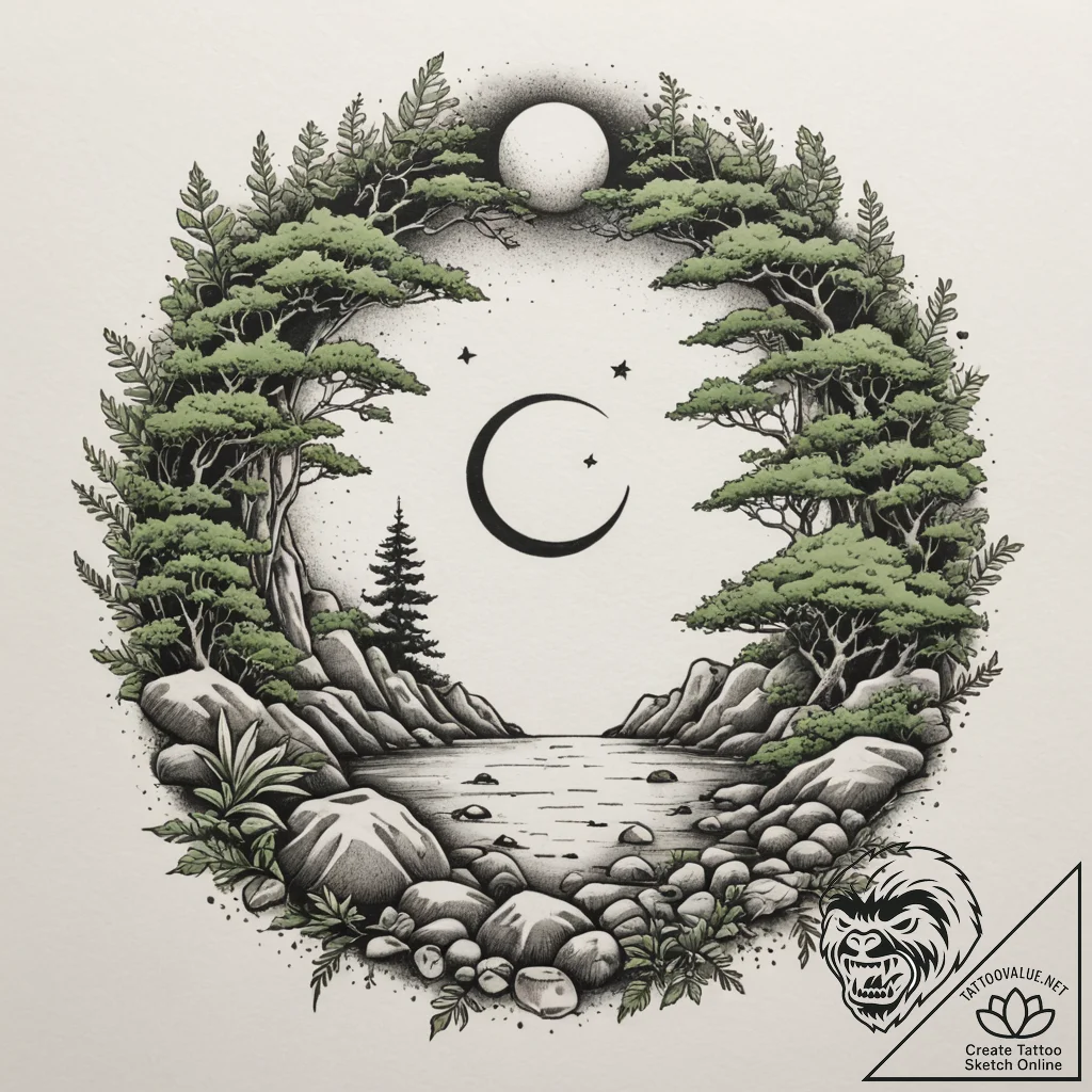 A serene japanese zen garden with raked sand... - tattoo sketch (№1754863606_0, 10.08.2025 22:06) — tattoovalue.net