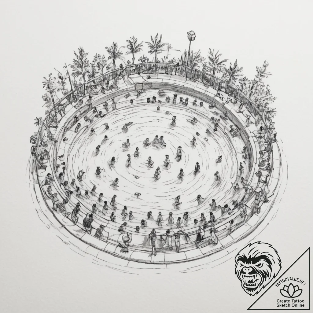 A shot of a crowded public swimming pool on a... - tattoo sketch (№1754865410_0, 10.08.2025 22:36) — tattoovalue.net