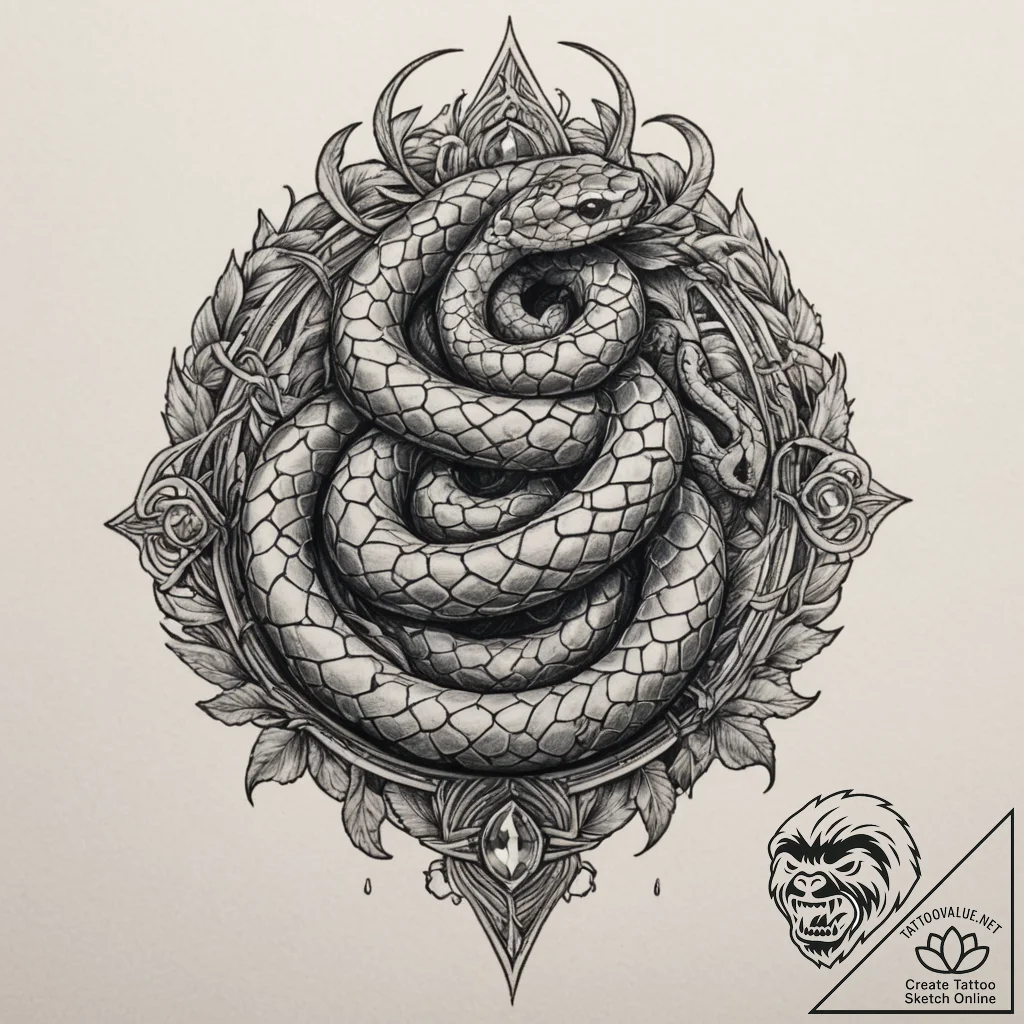 A snake coiled around a crystal, tattoo sketc... - tattoo sketch (№1754865609_0, 10.08.2025 22:40) — tattoovalue.net