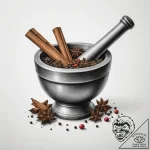 A detailed shot of spices in a mortar and pes… – tattoo sketch (№1754866209_0, 10.08.2025 22:50) — tattoovalue.net