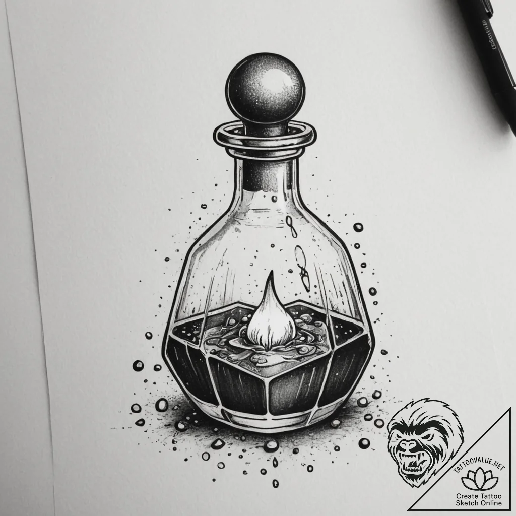 Tattoo sketch a bubbling potion bottle with a... - tattoo sketch (№1754869435_0, 10.08.2025 23:43) — tattoovalue.net