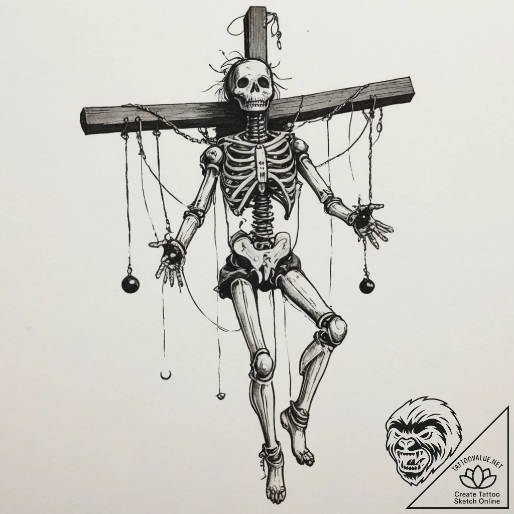 Marionette with cut strings, tattoo flash she... - tattoo sketch (№1754870854_0, 11.08.2025 00:07) — tattoovalue.net