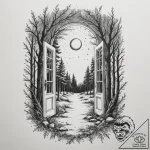 An open door in the middle of a forest leadin… – tattoo sketch (№1754872664_0, 11.08.2025 00:37) — tattoovalue.net
