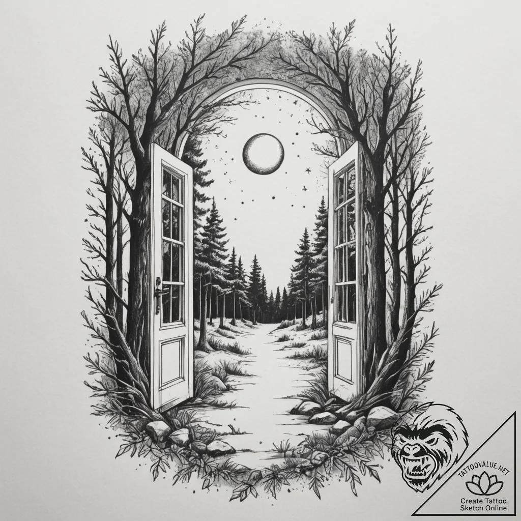 An open door in the middle of a forest leadin... - tattoo sketch (№1754872664_0, 11.08.2025 00:37) — tattoovalue.net