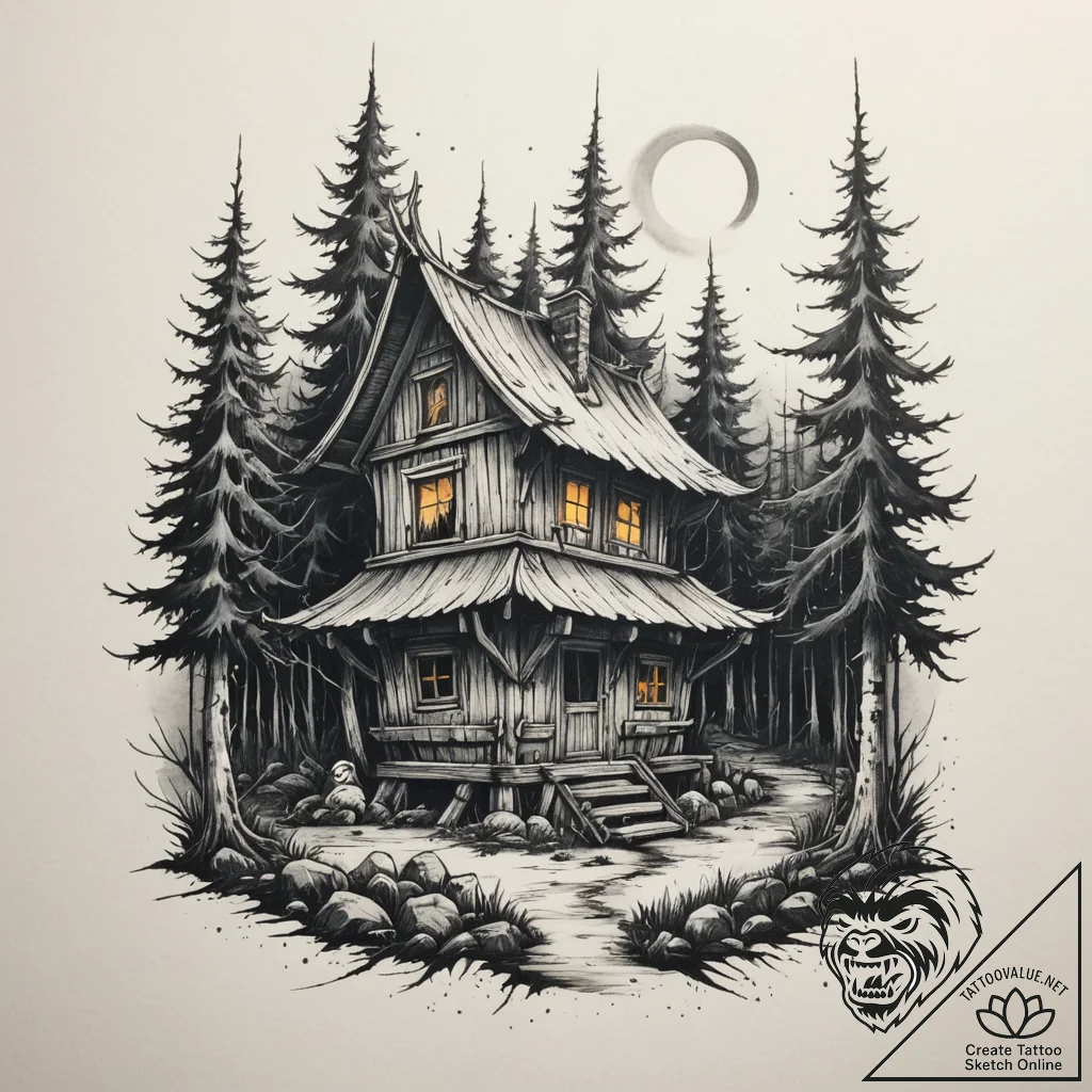 A tattoo design of baba yaga's hut on chicken... - tattoo sketch (№1754873064_0, 11.08.2025 00:44) — tattoovalue.net