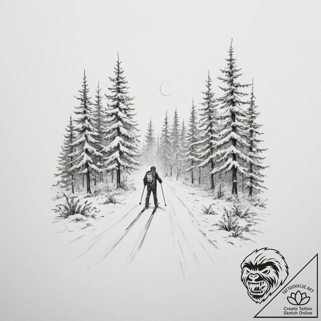 A person cross-country skiing through a silen... - tattoo sketch (№1754873263_0, 11.08.2025 00:47) — tattoovalue.net