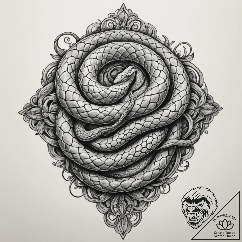 A snake coiled around a crystal, artistic tat... - tattoo sketch (№1754875669_0, 11.08.2025 01:27) — tattoovalue.net