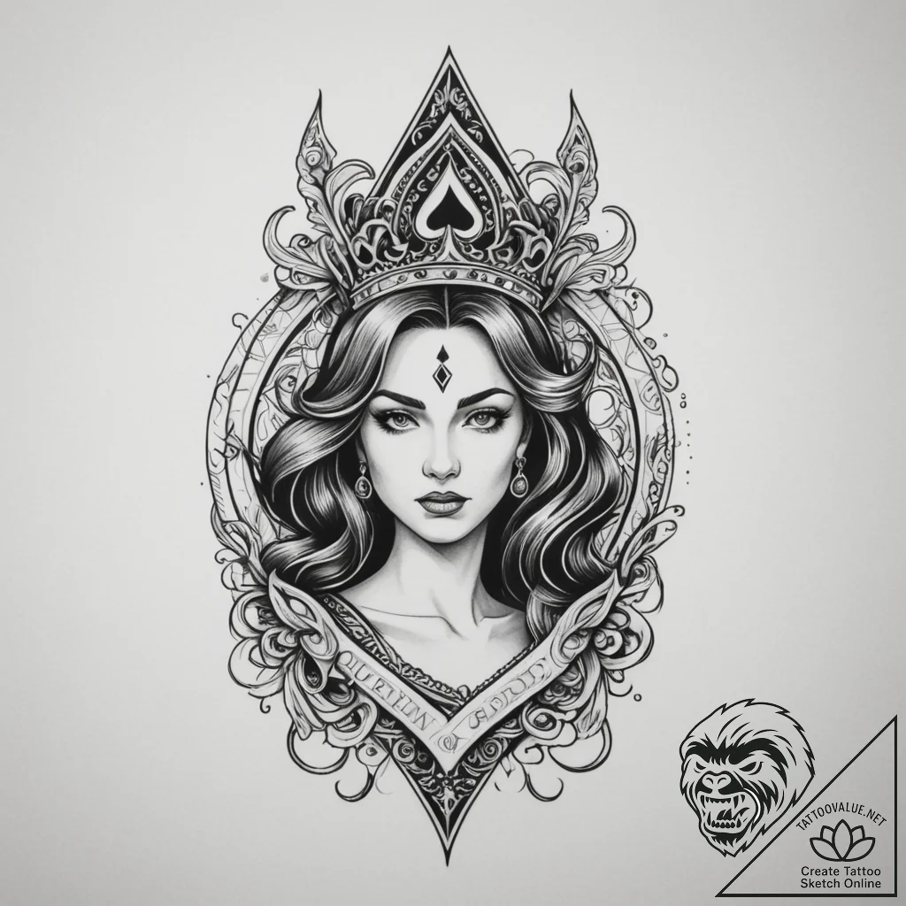 Queen of spades, tattoo sketch design, on a c... - tattoo sketch (№1754880220_0, 11.08.2025 02:43) — tattoovalue.net