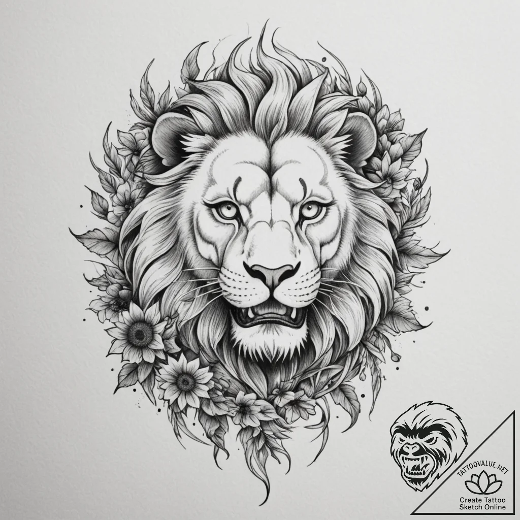 Tattoo sketch a leo lion's face adorned with... - tattoo sketch (№1754882004_0, 11.08.2025 03:13) — tattoovalue.net