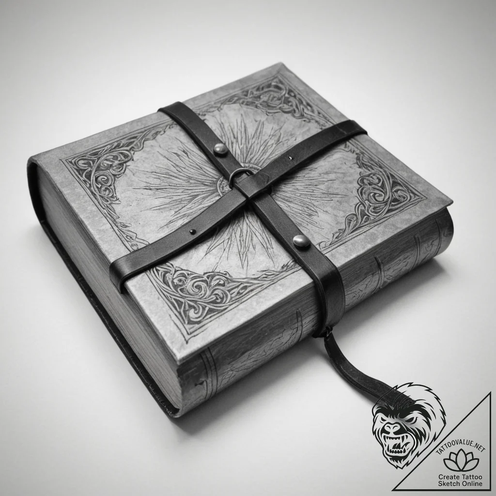 A detailed shot of an old, leather-bound book... - tattoo sketch (№1754883196_0, 11.08.2025 03:33) — tattoovalue.net