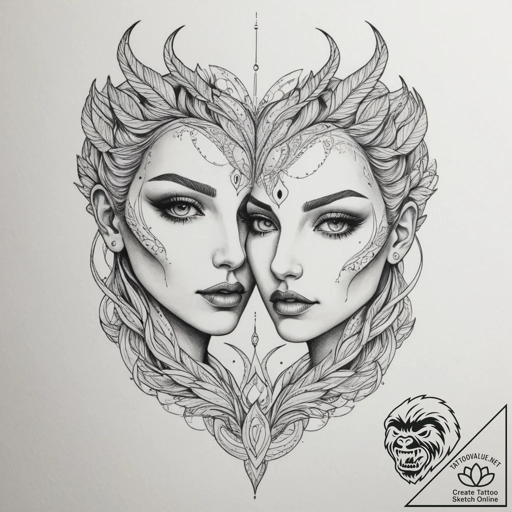 Tattoo sketch gemini faces in detailed dotwor... - tattoo sketch (№1754883989_0, 11.08.2025 03:46) — tattoovalue.net