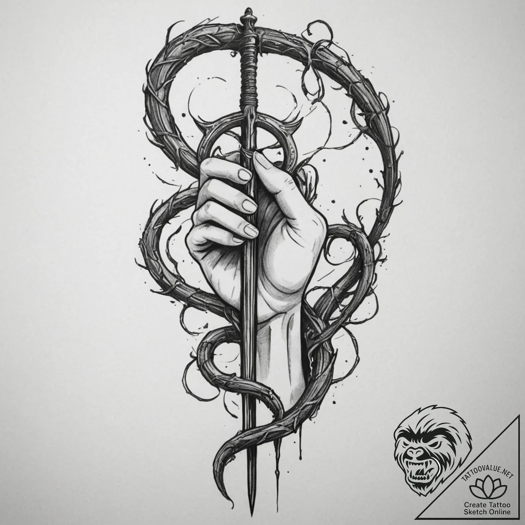 Tattoo sketch: a hand holding a scythe or a s... - tattoo sketch (№1754885180_0, 11.08.2025 04:06) — tattoovalue.net