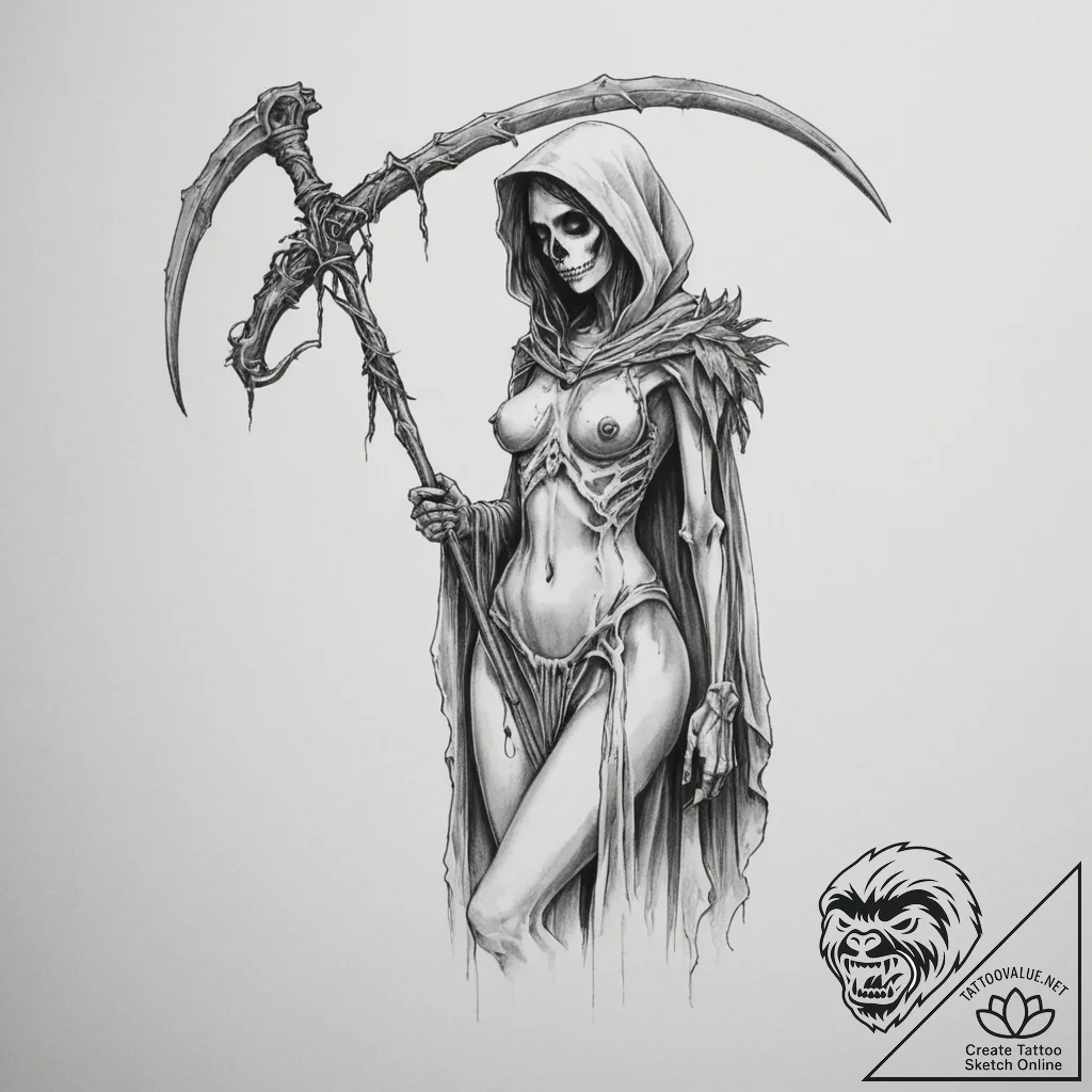 Tattoo sketch: marzanna depicted as a skeleta... - tattoo sketch (№1754885774_0, 11.08.2025 04:16) — tattoovalue.net