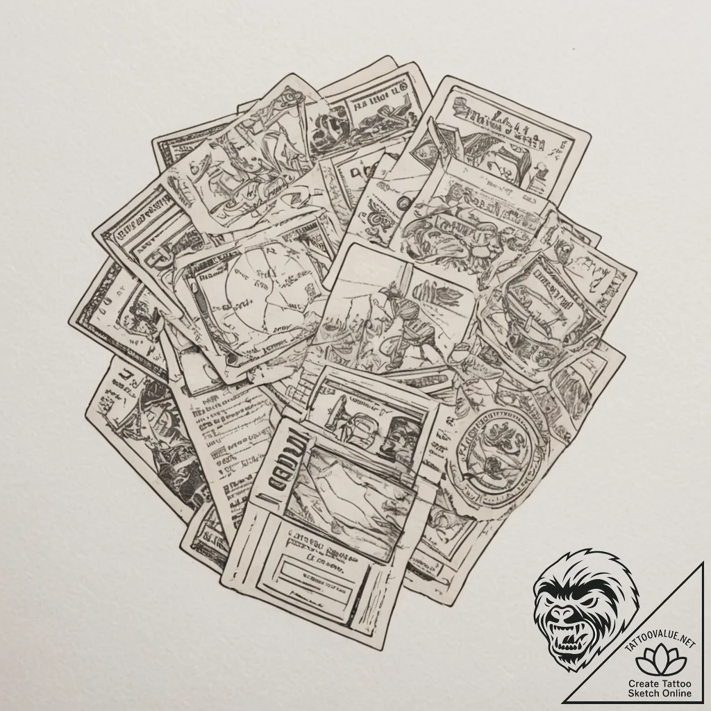 A pile of old, worn-out passports., tattoo fl... - tattoo sketch (№1754885972_0, 11.08.2025 04:19) — tattoovalue.net