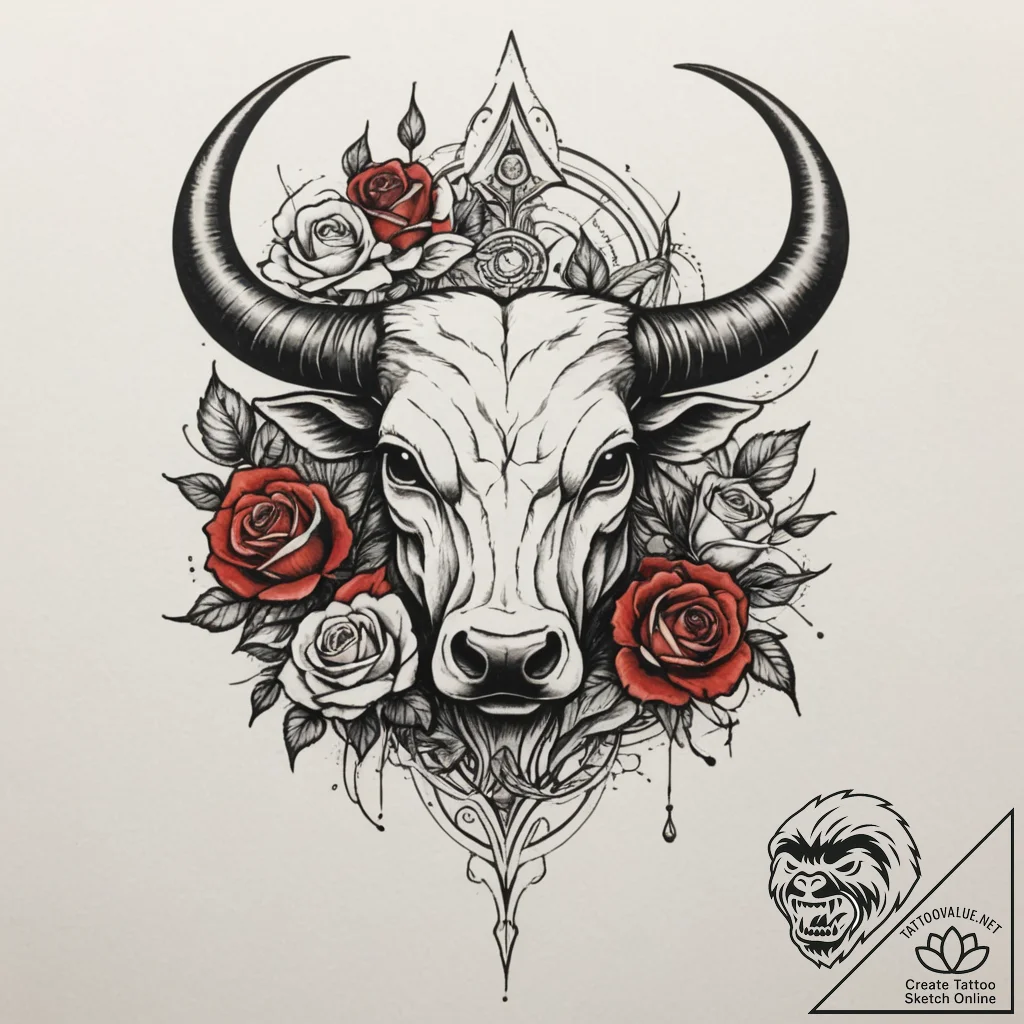 Tattoo design a serene taurus bull, with eart... - tattoo sketch (№1754886962_0, 11.08.2025 04:36) — tattoovalue.net