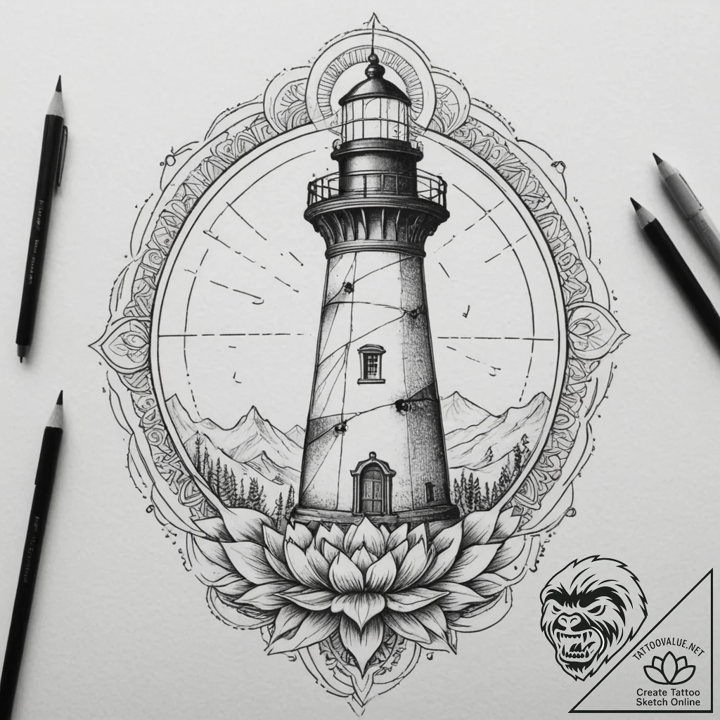 Tattoo sketch a lighthouse lamp, radiating gu... - tattoo sketch (№1754887758_0, 11.08.2025 04:49) — tattoovalue.net
