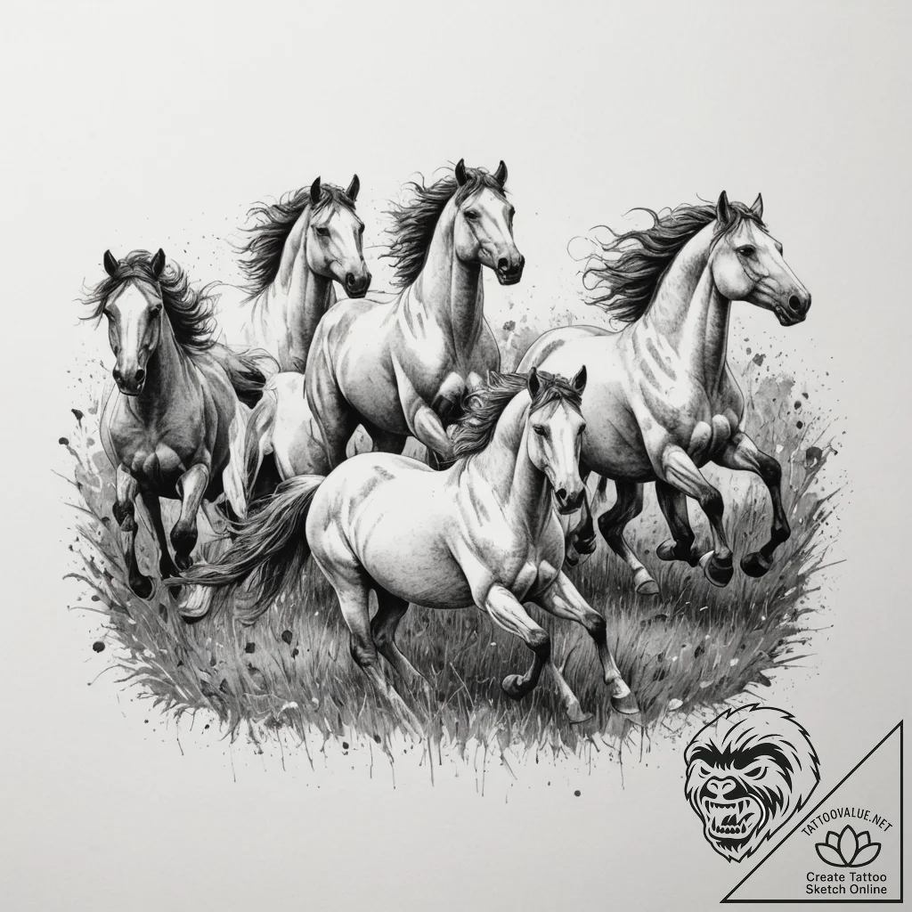 A herd of wild horses galloping across a gras... - tattoo sketch (№1754888953_0, 11.08.2025 05:09) — tattoovalue.net