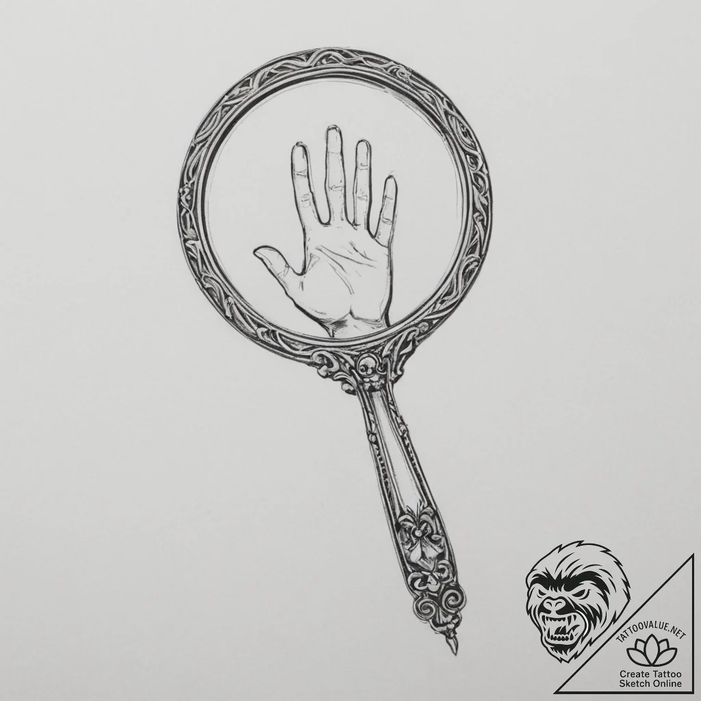 A hand mirror reflecting a ghostly figure, ar... - tattoo sketch (№1754889746_0, 11.08.2025 05:22) — tattoovalue.net