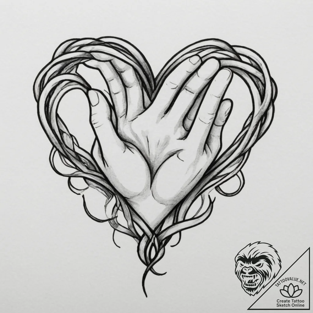 Tattoo design a heart made of intertwined fin... - tattoo sketch (№1754890936_0, 11.08.2025 05:42) — tattoovalue.net