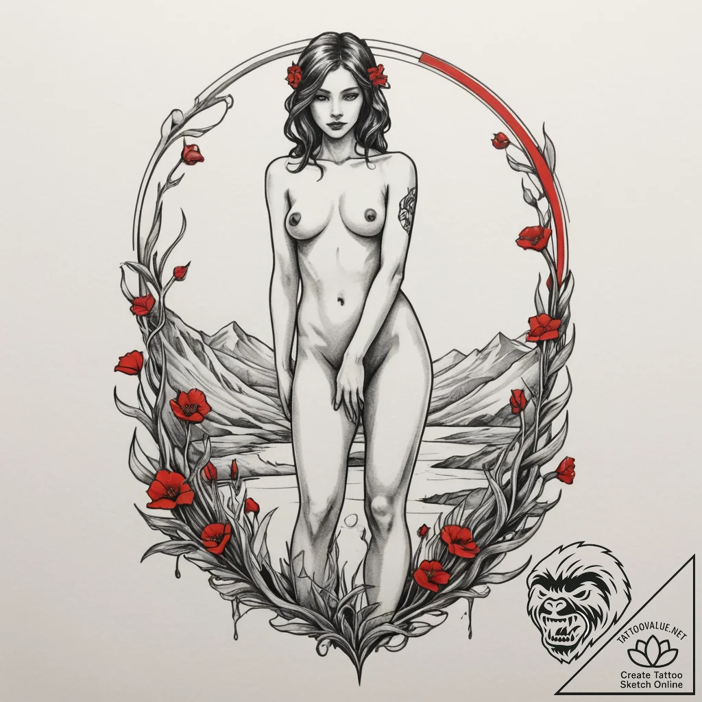 Tattoo sketch: a scene of marzanna standing o... - tattoo sketch (№1754891135_0, 11.08.2025 05:45) — tattoovalue.net