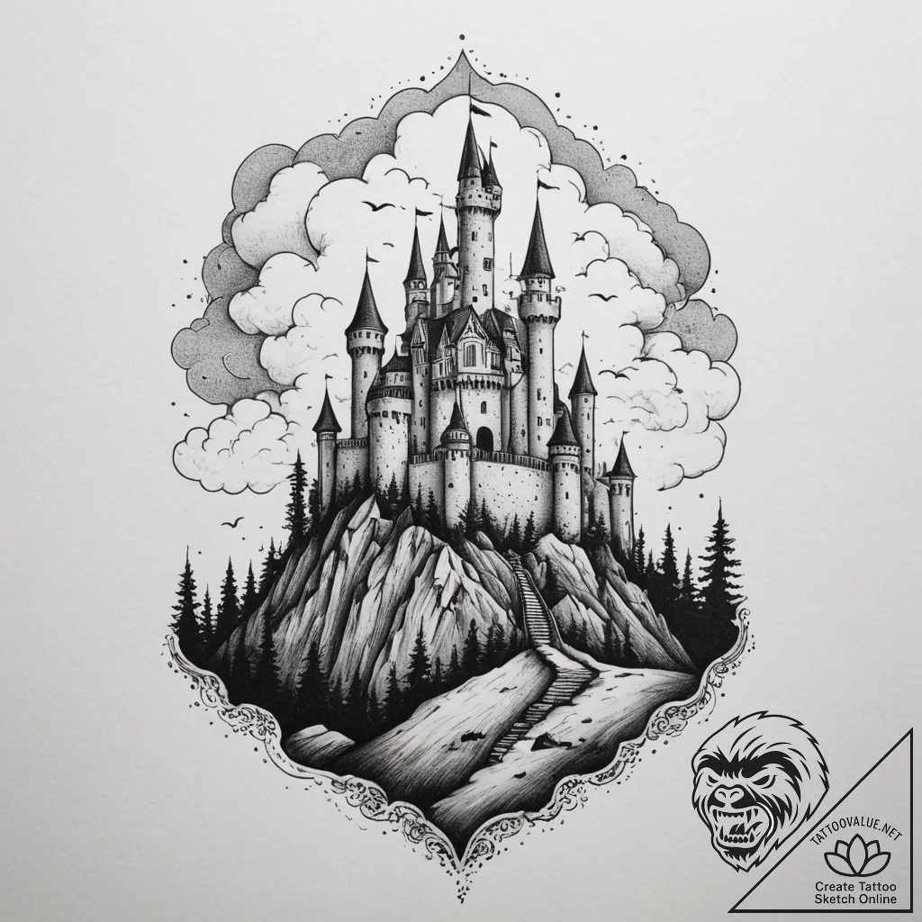 Tattoo design a shadowy castle on a hill unde... - tattoo sketch (№1754891732_0, 11.08.2025 05:55) — tattoovalue.net