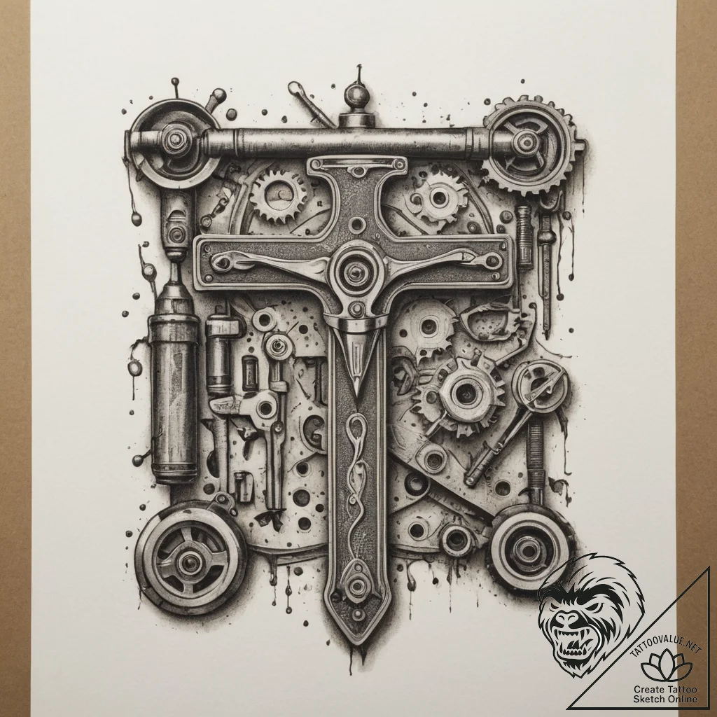 A mechanic's garage, with tools neatly organi... - tattoo sketch (№1754892130_0, 11.08.2025 06:02) — tattoovalue.net