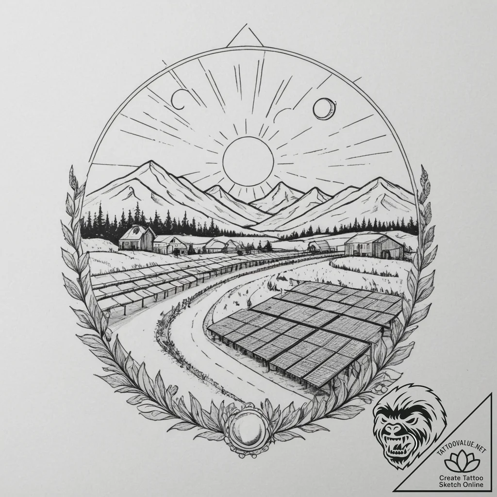 A shot of a solar panel farm stretching to th... - tattoo sketch (№1754892328_0, 11.08.2025 06:05) — tattoovalue.net