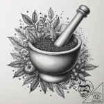 A detailed shot of spices in a mortar and pes… – tattoo sketch (№1754893318_0, 11.08.2025 06:21) — tattoovalue.net