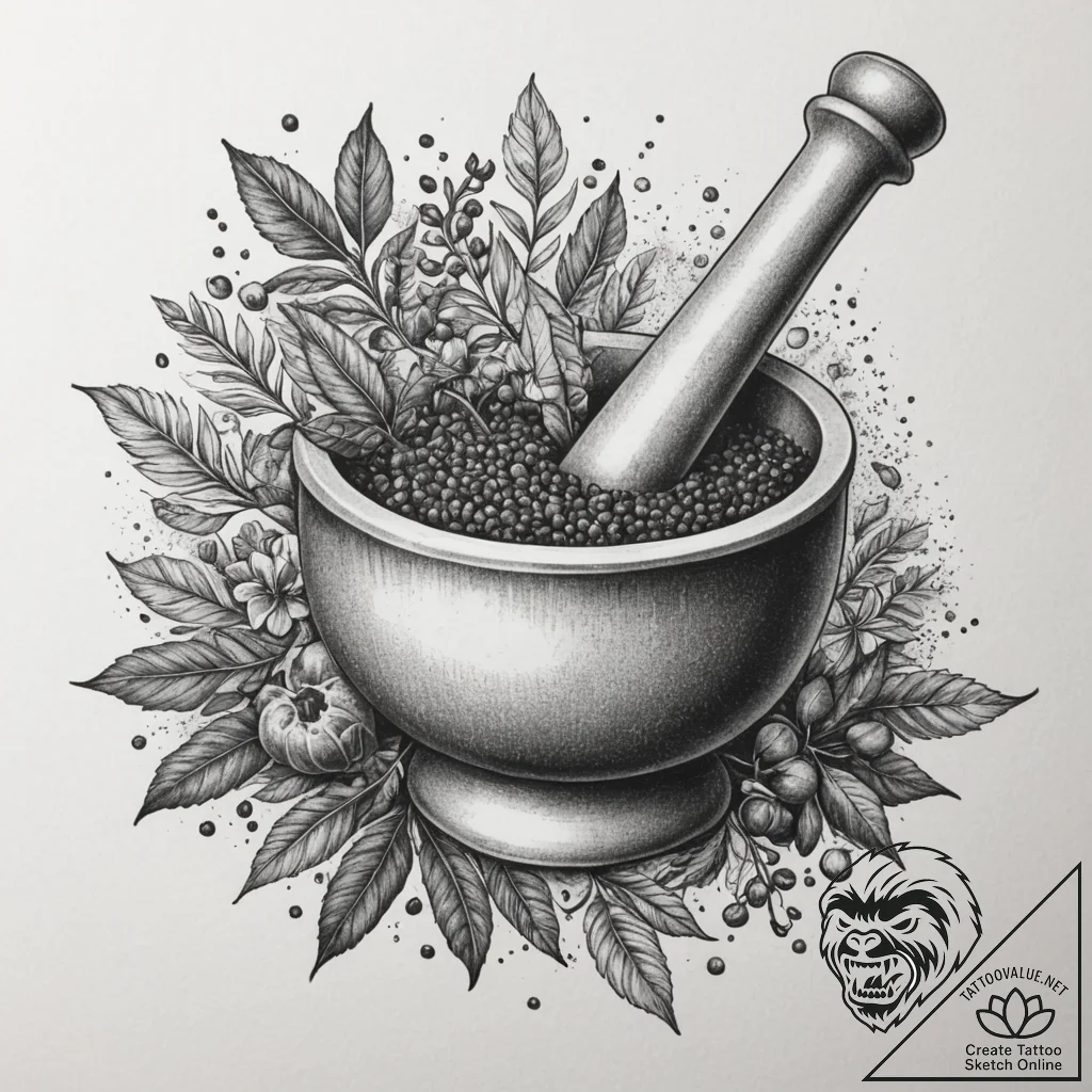 A detailed shot of spices in a mortar and pes... - tattoo sketch (№1754893318_0, 11.08.2025 06:21) — tattoovalue.net