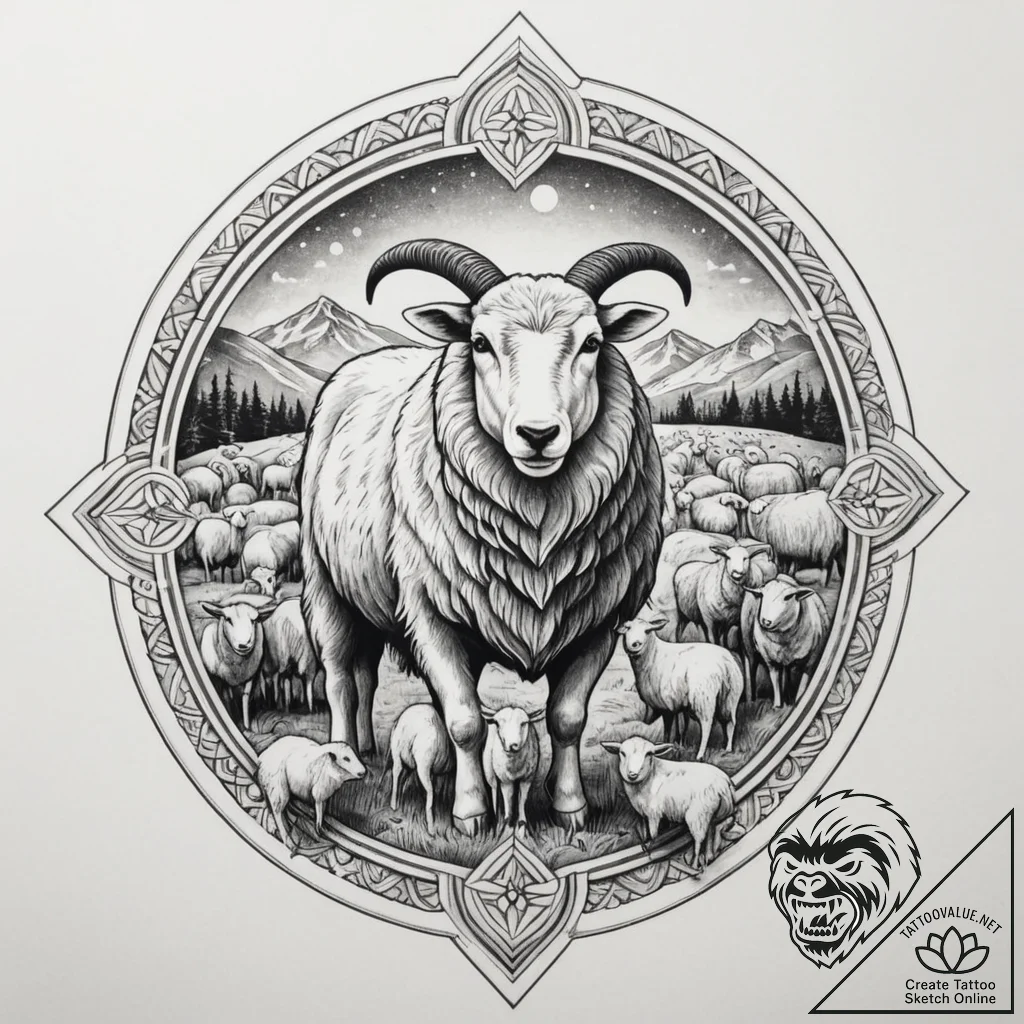 A shot of a shepherd guiding a flock of sheep... - tattoo sketch (№1754895103_0, 11.08.2025 06:51) — tattoovalue.net