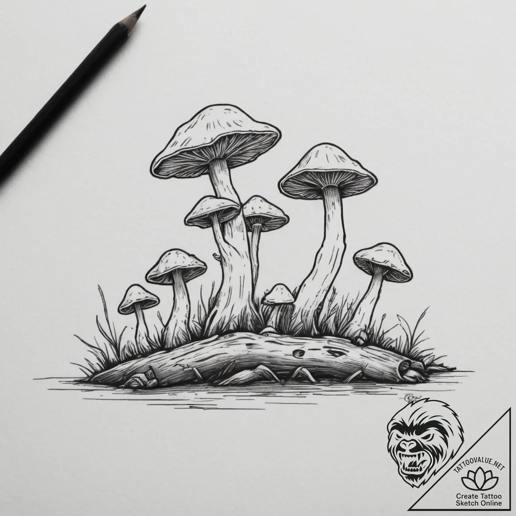 Bioluminescent mushrooms on a log, artistic t... - tattoo sketch (№1754896490_0, 11.08.2025 07:14) — tattoovalue.net