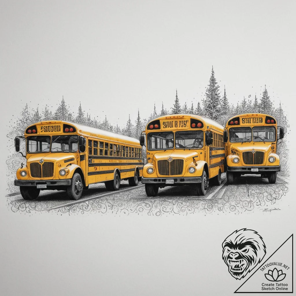 A row of yellow school buses parked in a lot.... - tattoo sketch (№1754898869_0, 11.08.2025 07:54) — tattoovalue.net