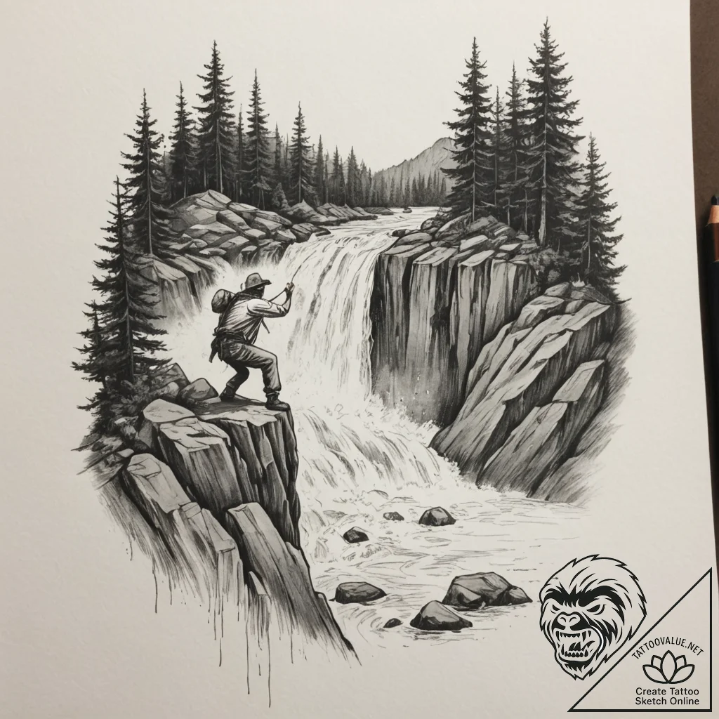 A person repelling down a waterfall., concept... - tattoo sketch (№1754899266_0, 11.08.2025 08:01) — tattoovalue.net