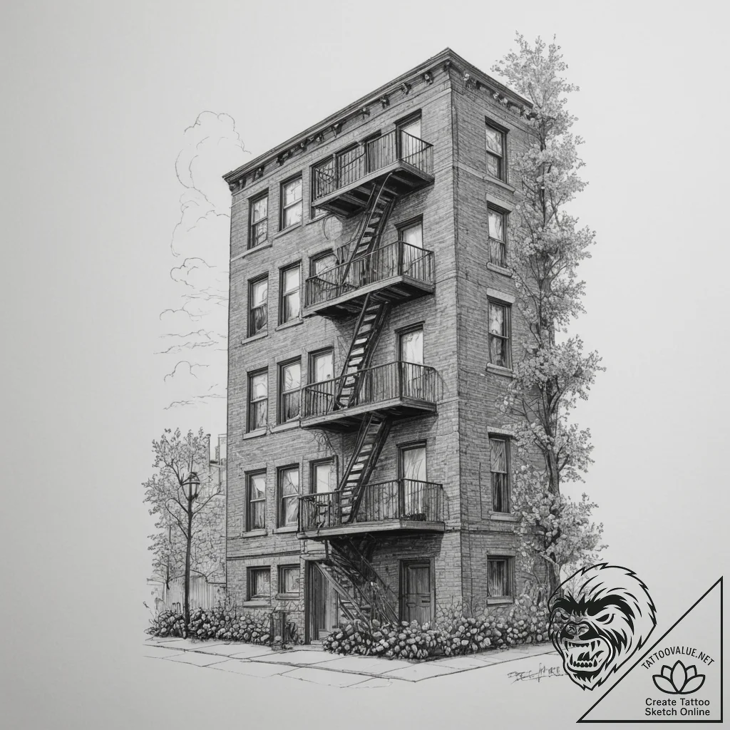 A fire escape on the side of a classic brick... - tattoo sketch (№1754902443_0, 11.08.2025 08:54) — tattoovalue.net