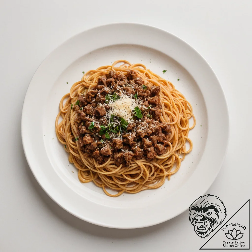 A messy, half-eaten plate of spaghetti bologn... - tattoo sketch (№1754905024_0, 11.08.2025 09:37) — tattoovalue.net