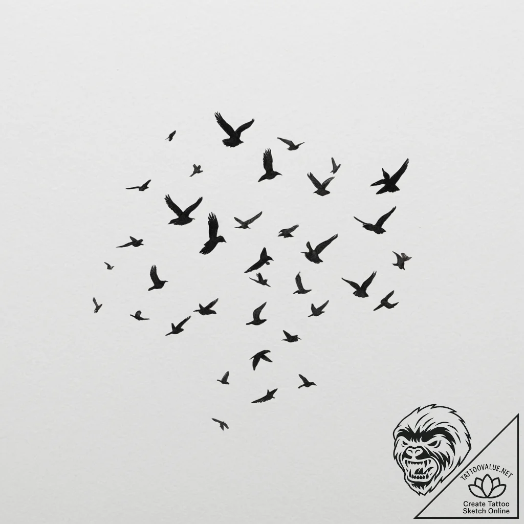 Tattoo sketch a flock of birds flying in form... - tattoo sketch (№1754907399_0, 11.08.2025 10:16) — tattoovalue.net