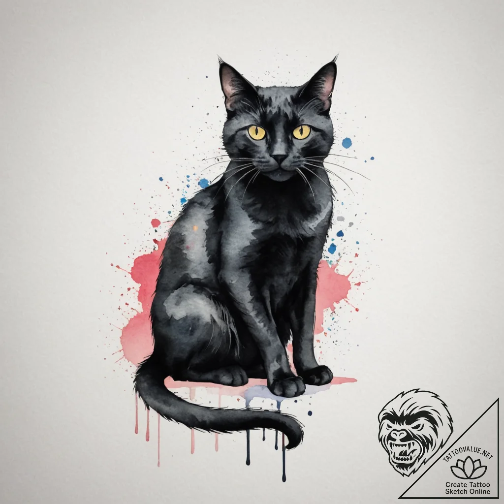 Black cat, ink illustration for tattoo, on a... - tattoo sketch (№1754907597_0, 11.08.2025 10:19) — tattoovalue.net
