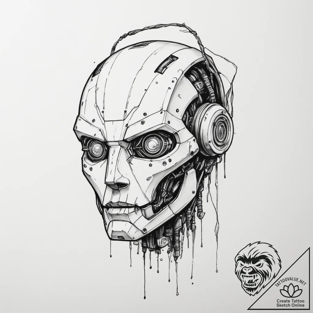 Tattoo sketch a broken robot head with wires... - tattoo sketch (№1754910164_0, 11.08.2025 11:02) — tattoovalue.net
