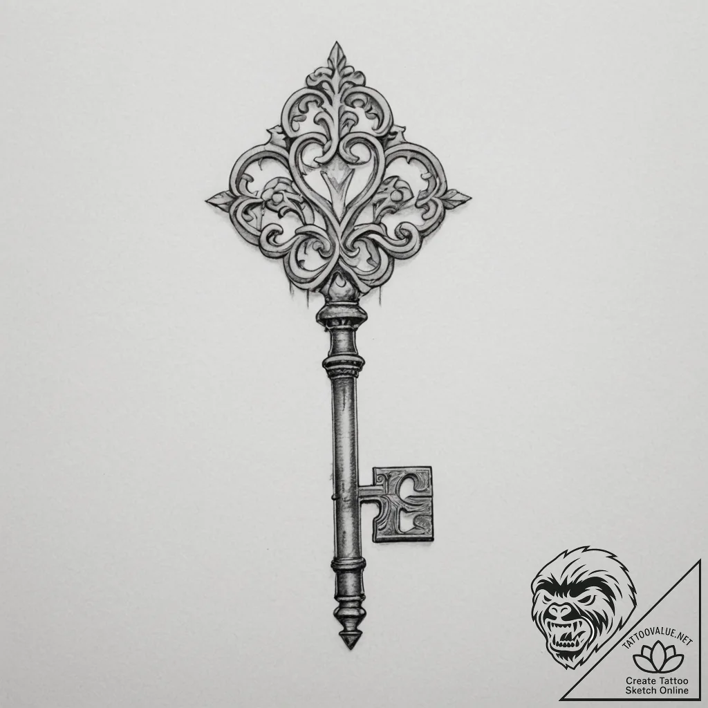 Tattoo sketch a single, ancient key with intr... - tattoo sketch (№1754910560_0, 11.08.2025 11:09) — tattoovalue.net