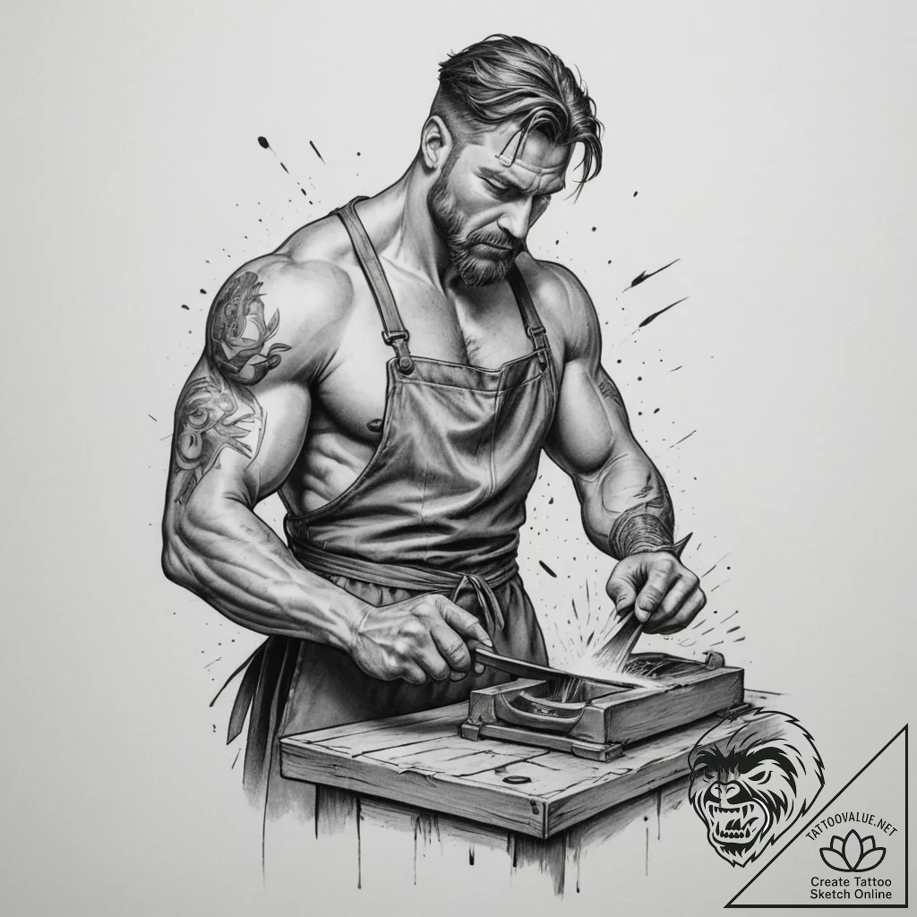 A detailed portrait of a blacksmith at work,... - tattoo sketch (№1754910758_0, 11.08.2025 11:12) — tattoovalue.net