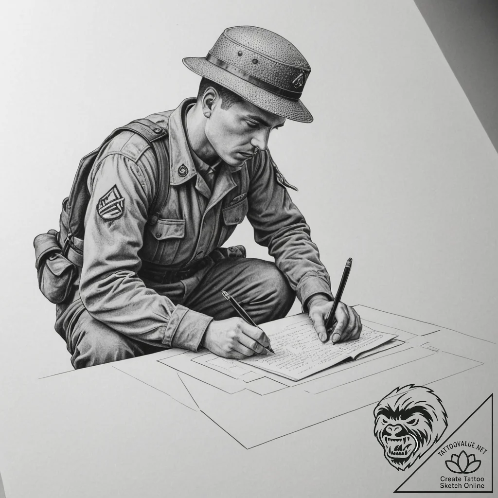 A world war ii soldier writing a letter home... - tattoo sketch (№1754911552_0, 11.08.2025 11:25) — tattoovalue.net