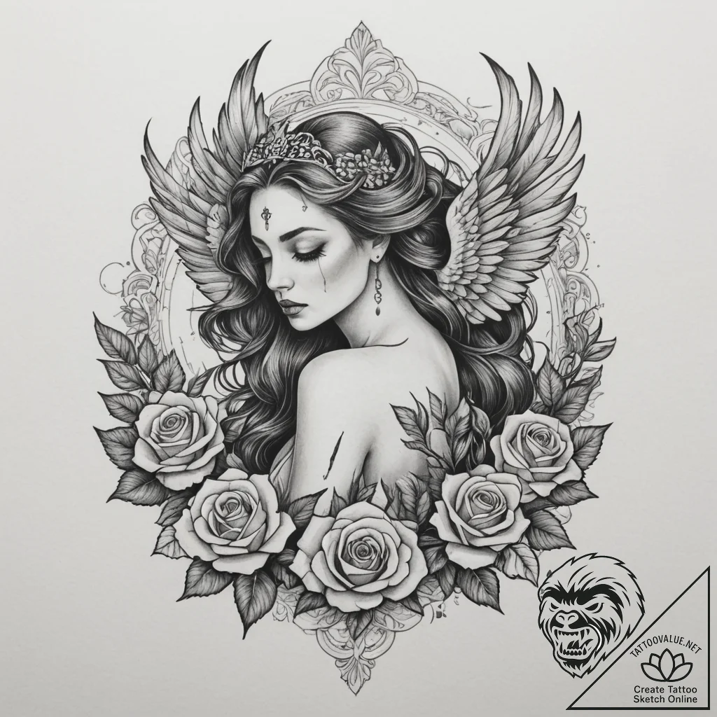 Sirin (mythical bird-woman), tattoo sketch de... - tattoo sketch (№1754913138_0, 11.08.2025 11:52) — tattoovalue.net
